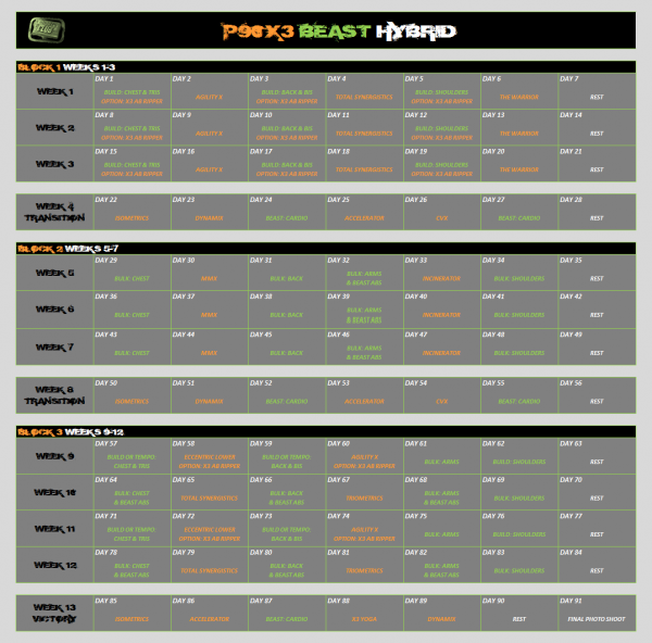 P90X3 Body Beast Hybrid Calendar